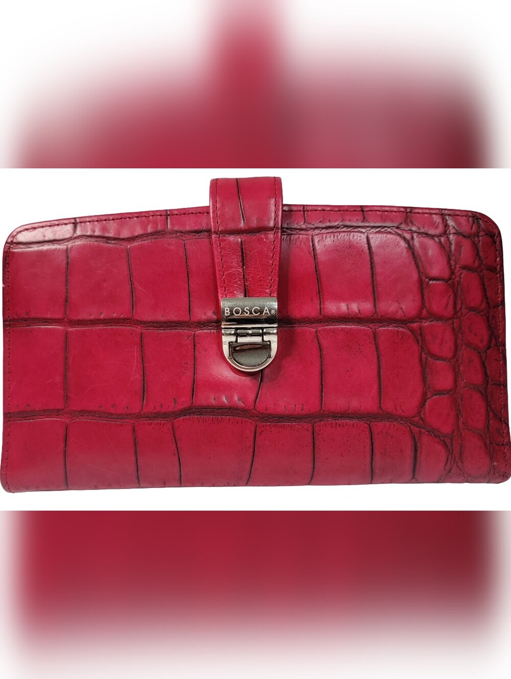 Bosca Croc-Embossed Leather Wallet in Rose Pink